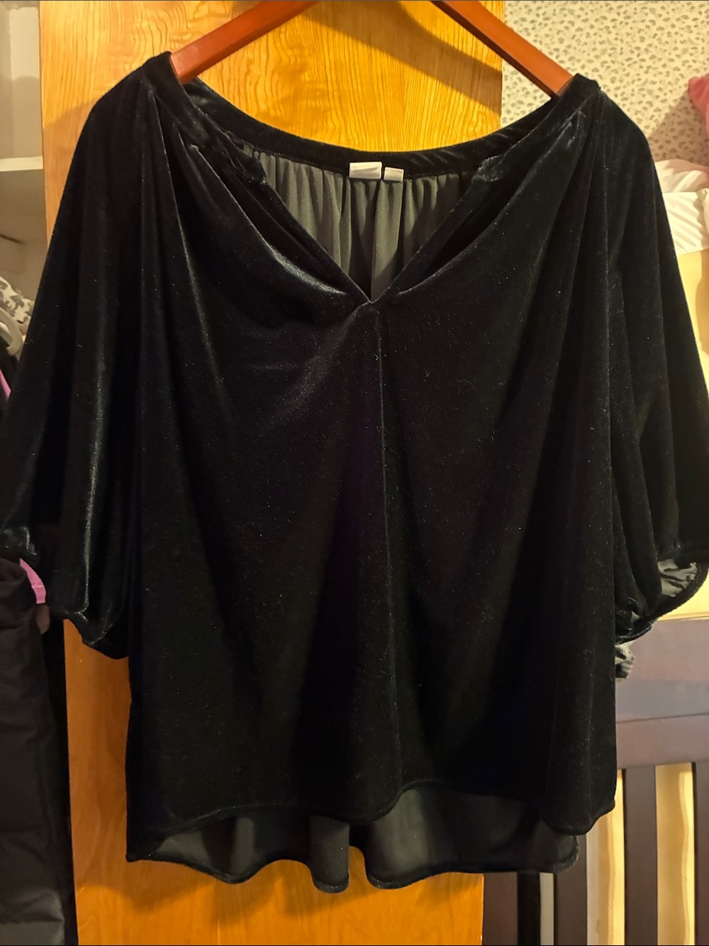 GAP Black Velvet Draped V-Neck Blouse